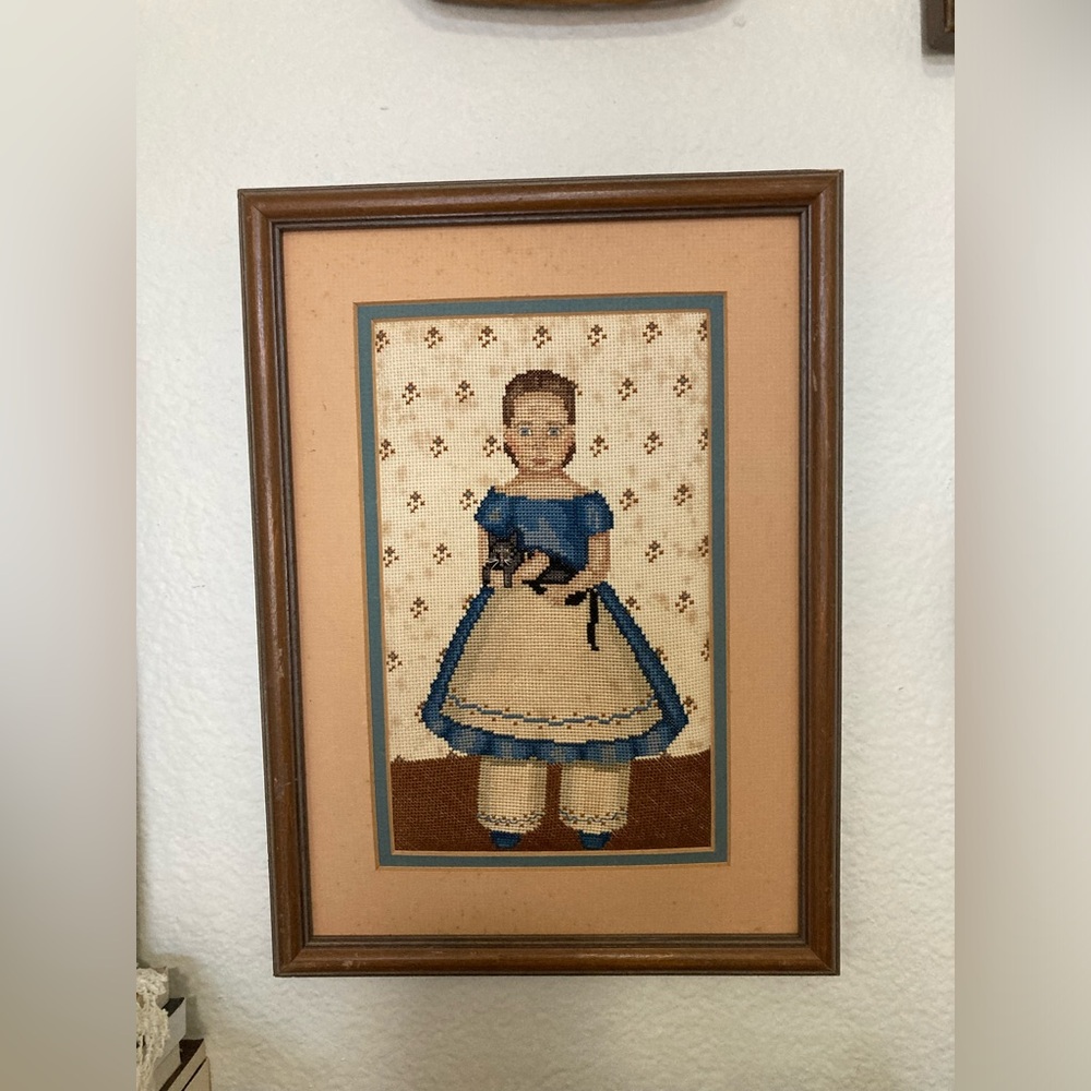 Framed Cross Stitch Girl in Blue Dress with cat